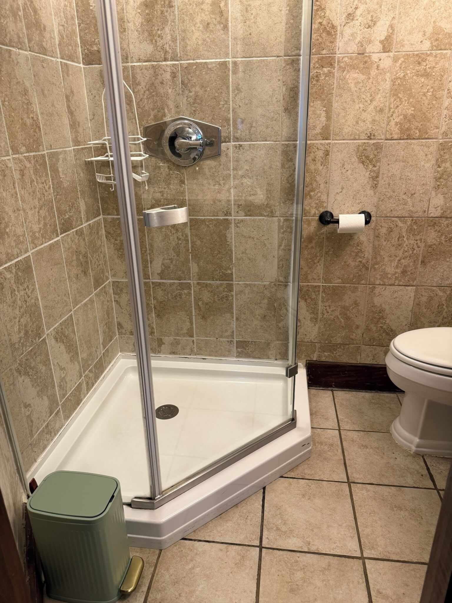 A shower with a glass door, a toilet, and a trash bin in a bathroom with beige tiles.