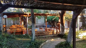 Un espace extérieur aménagé en terrasse, avec des tables et des bancs en bois, entouré d’arbres et d’une clôture en bois.