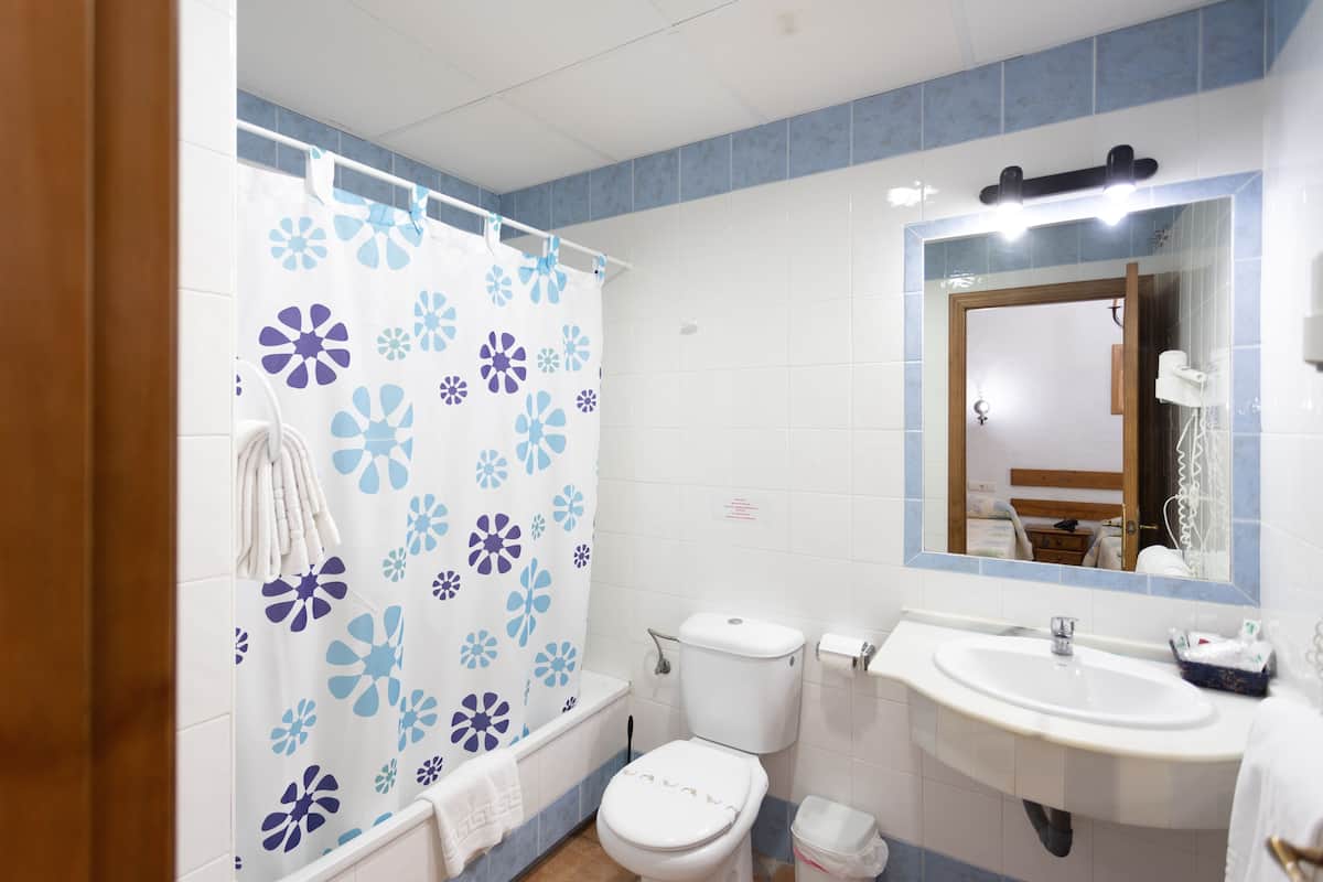 A bathroom with a shower curtain featuring a blue and purple floral pattern, a white toilet, a sink, and a mirror above the sink.