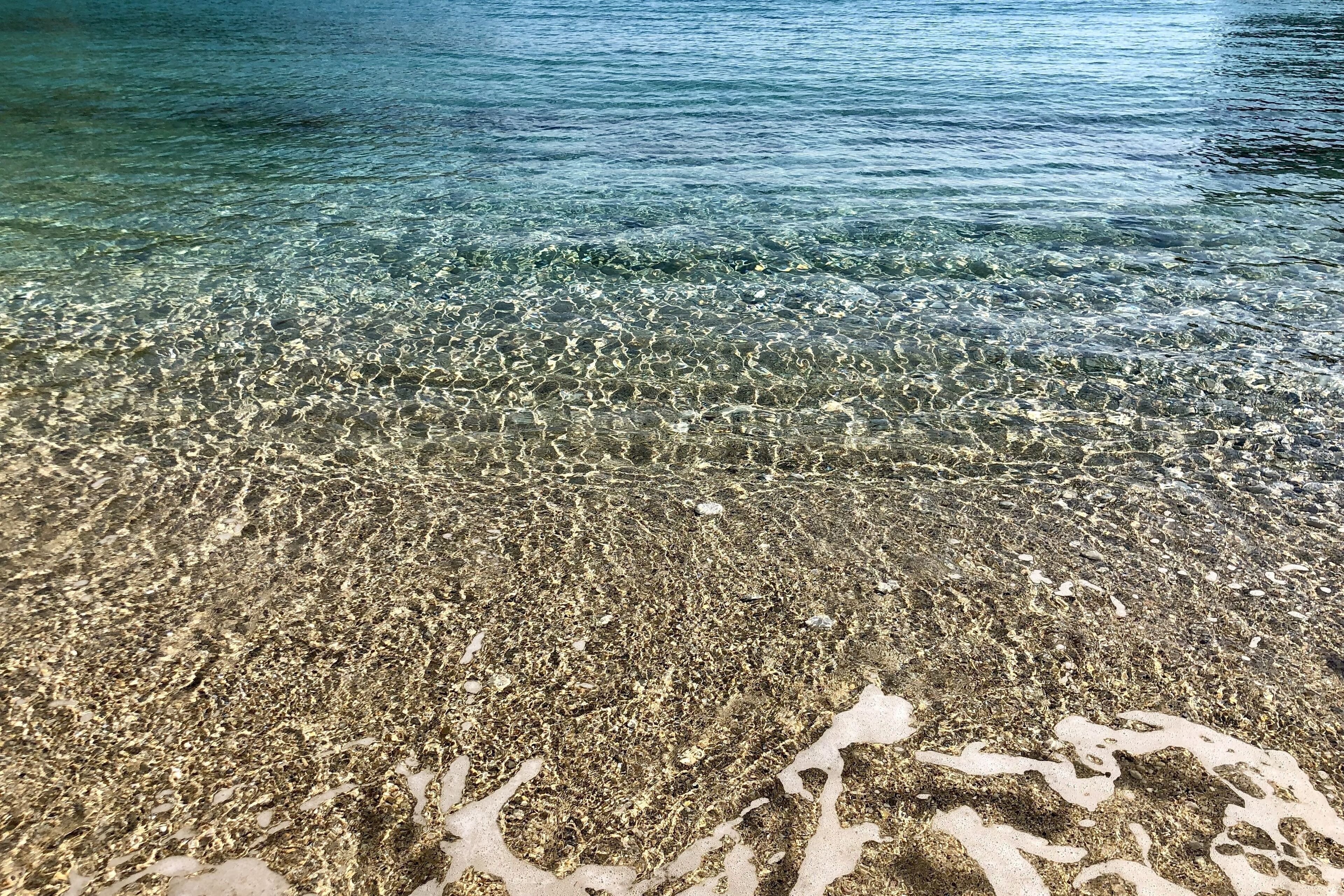 Vista despejada de una playa con aguas poco profundas que muestran el fondo arenoso y pequeñas rocas.