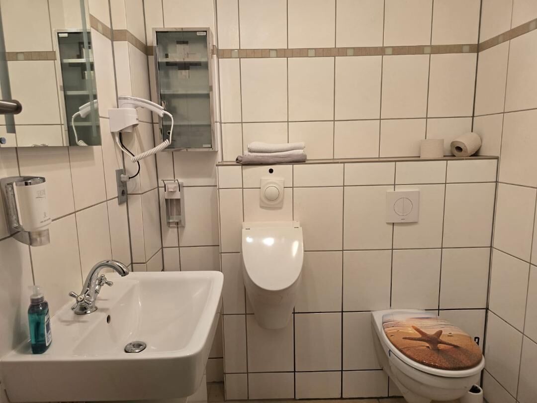 A bathroom with a sink, toilet, and mirror.