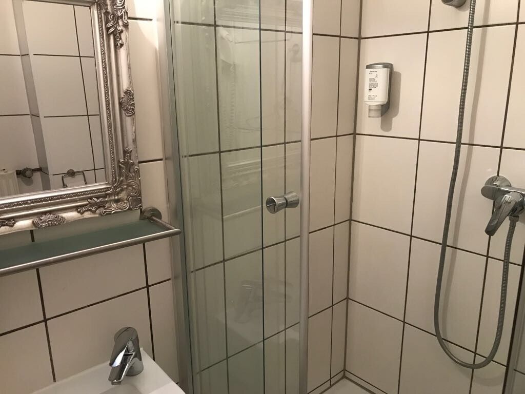 Ein Badezimmer mit Duschkabine aus Glas, einem Handtrockner und einem Spiegel mit aufwendiger Rahmenornierung.
