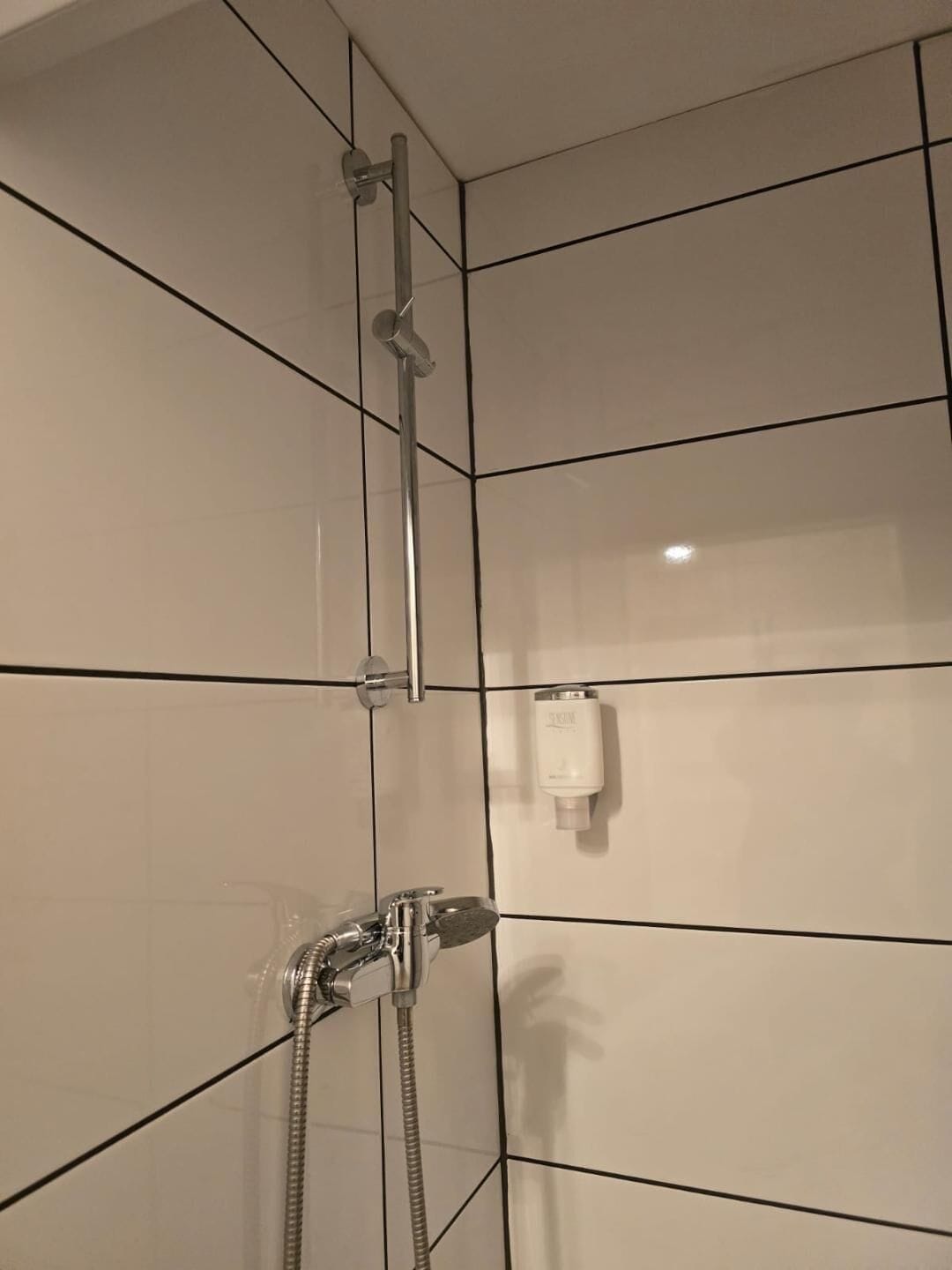 A shower with a handheld showerhead and a wall-mounted faucet.