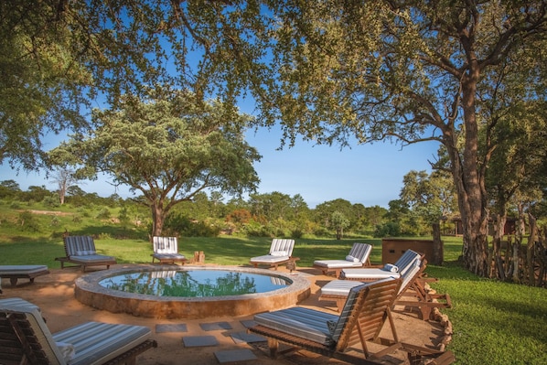 Piscine extérieure, chaises longues