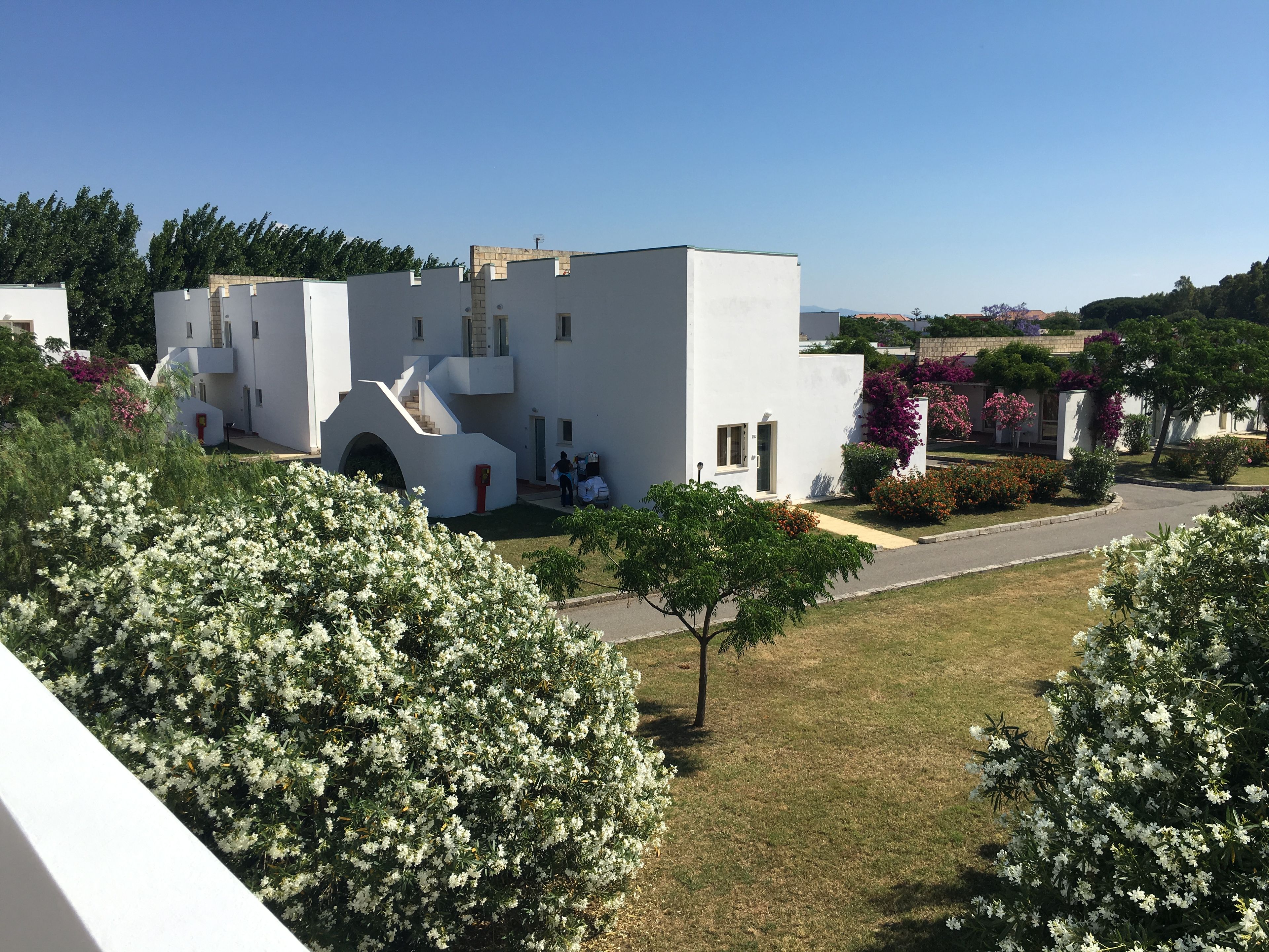 Un edificio moderno con techo plano, una escalera central y un pequeño jardín con plantas blancas florecientes.