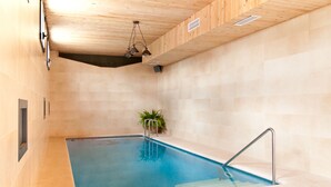 An indoor swimming pool with wooden ceiling and tiled walls, a small plant, and a metal ladder.
