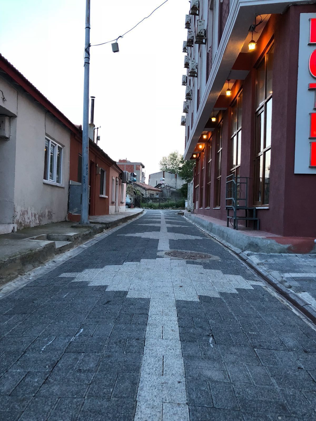 A street with a pedestrian crossing and buildings on either side.