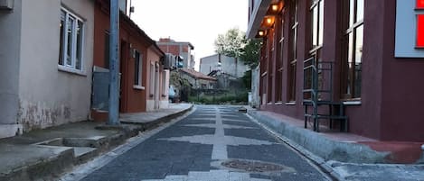 Una calle con un paso de peatones y edificios a ambos lados.