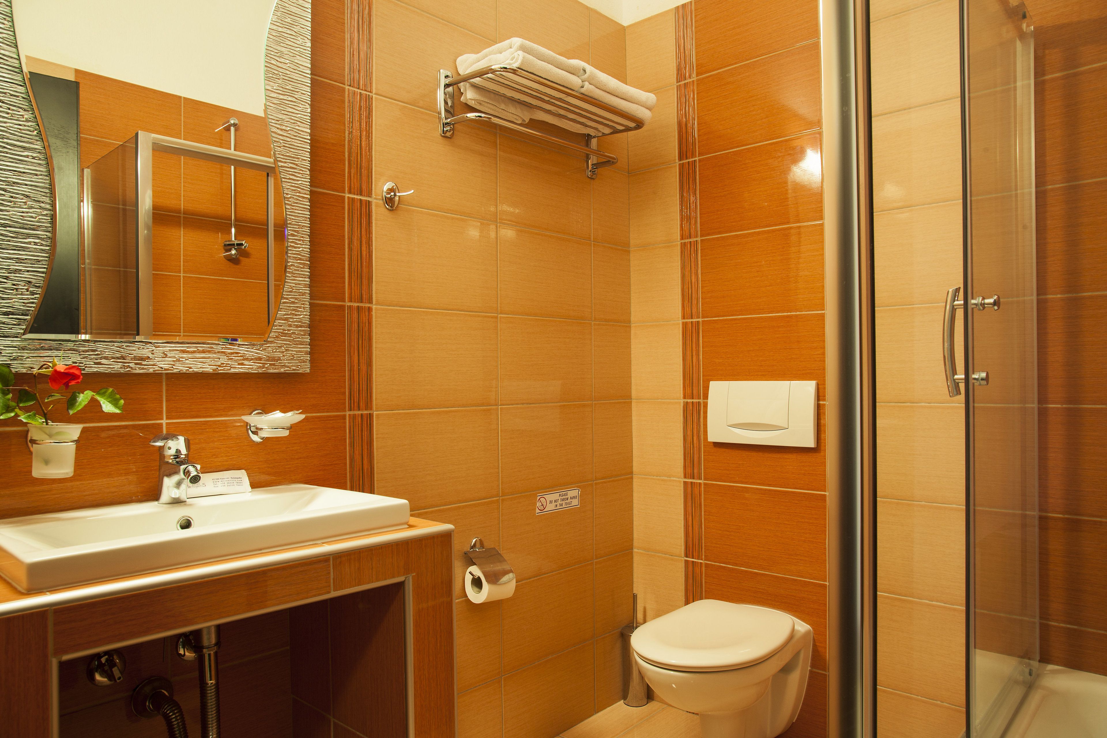 Ein Badezimmer mit Waschbecken, Spiegel, Handtuchhalter, Toilette und Dusche.