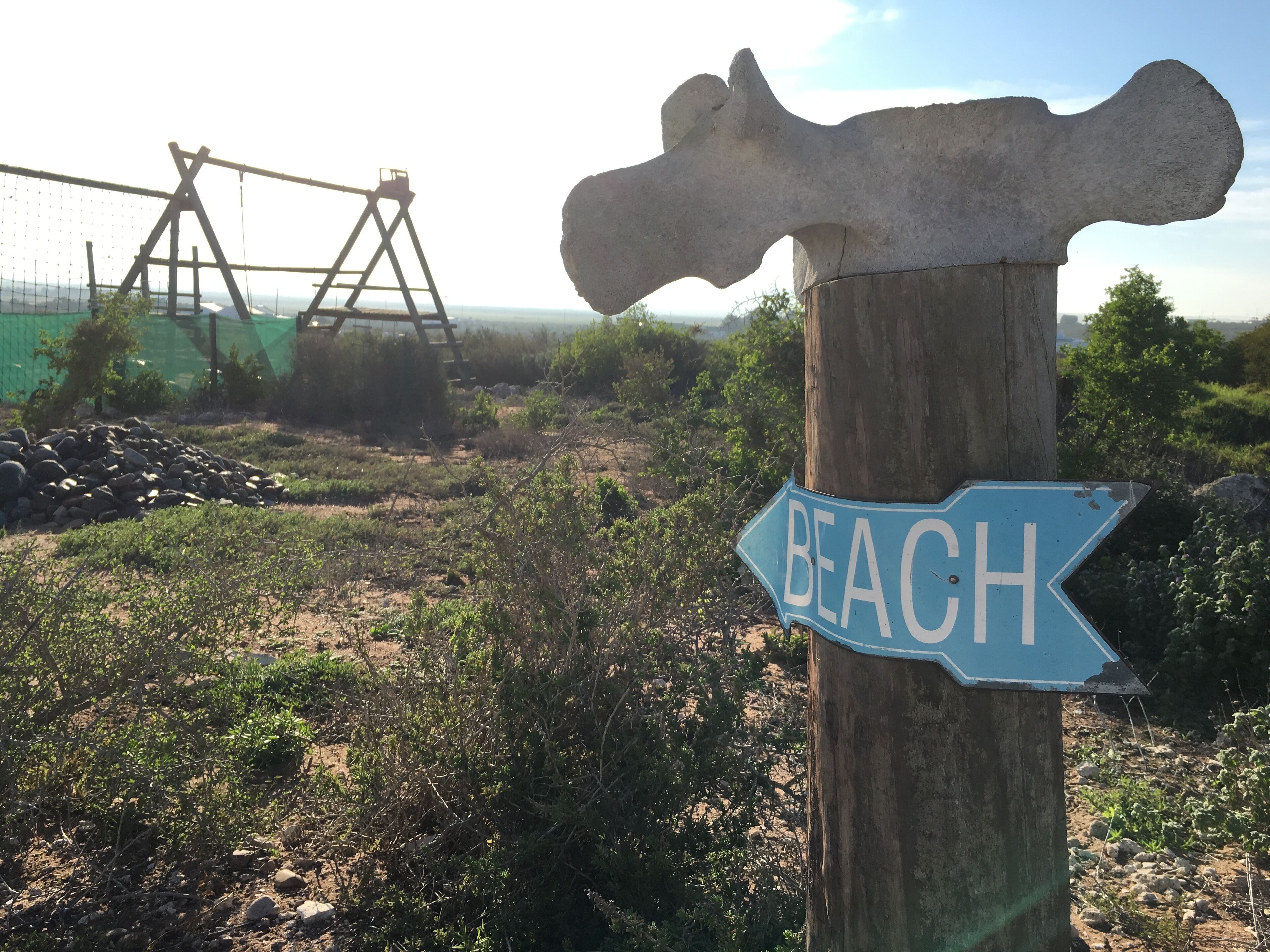 Un poste de madera con un letrero que indica 'BEACH' hacia la derecha.
