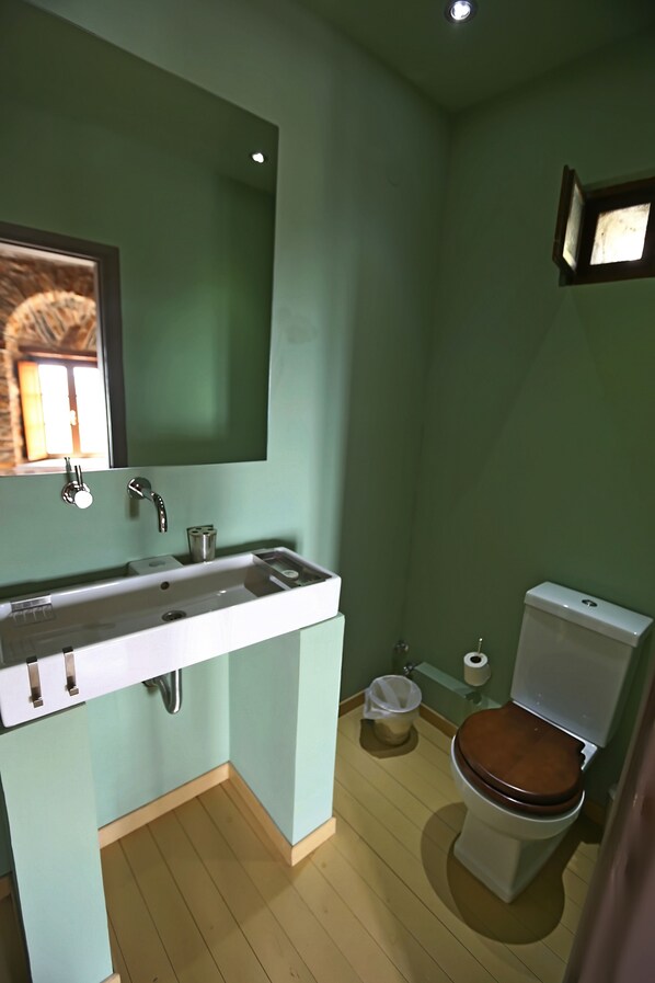 Une salle de bain avec un lavabo blanc, un miroir, des toilettes et un plancher en bois.