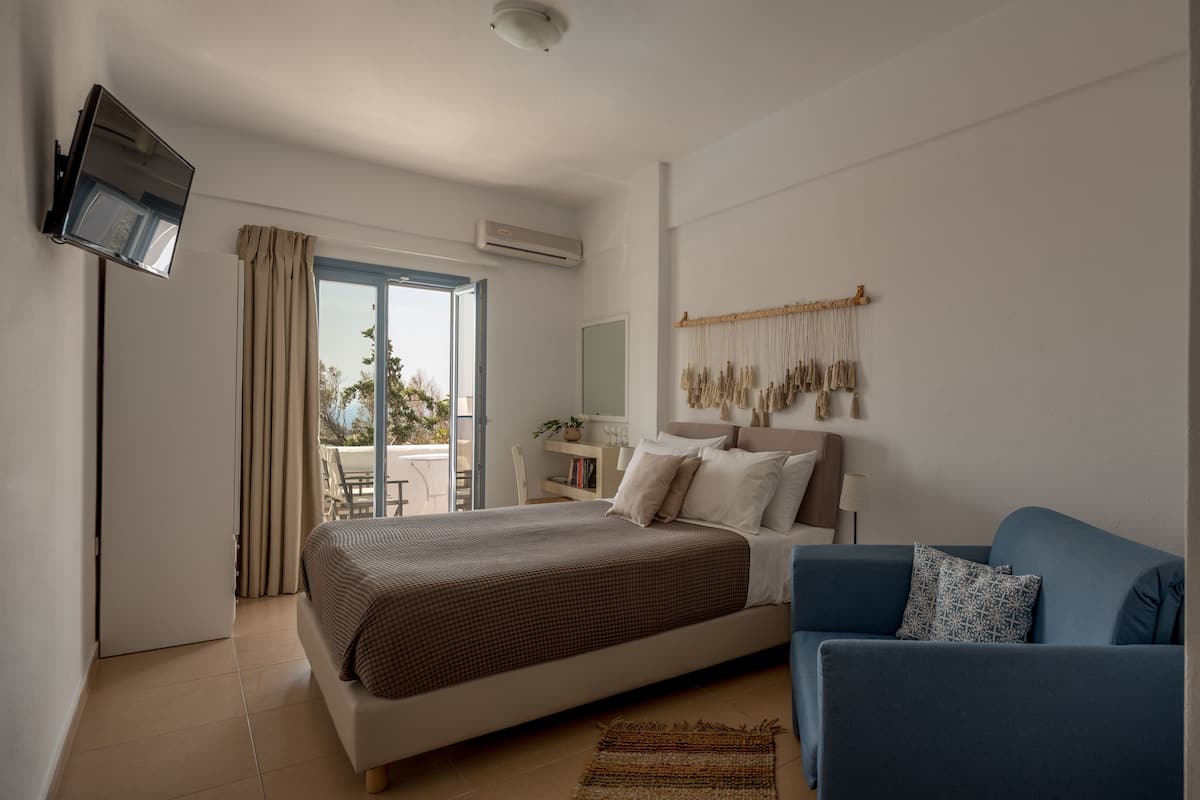 A bedroom with a bed, a blue sofa, a TV, an air conditioner, a window with curtains, and a view of the outdoors.