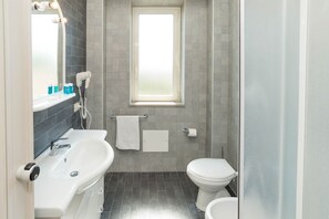 Shower, free toiletries, hair dryer, bidet