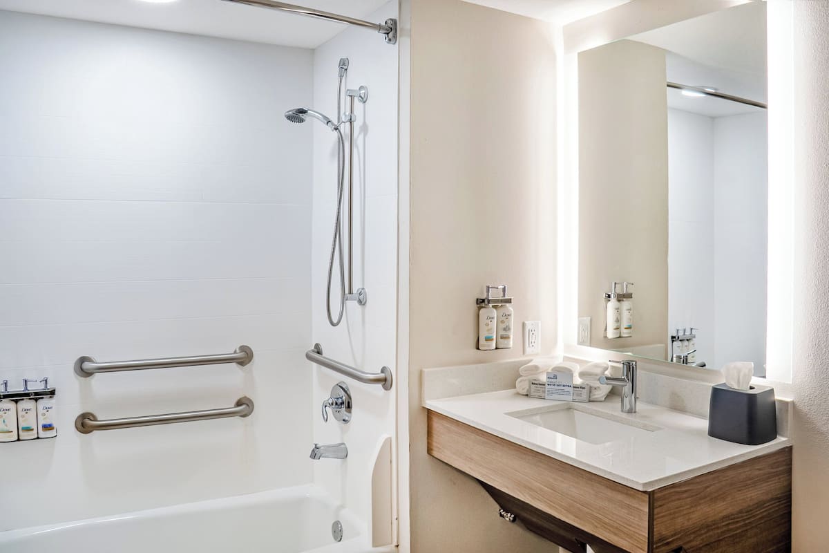 standard room, 1 king bed, accessible (communications, mobility, access tub) | bathroom | combined shower/bathtub, deep-soaking bathtub, free toiletries