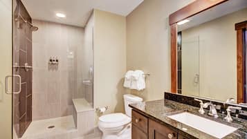 A modern bathroom with a shower, toilet, and vanity.
