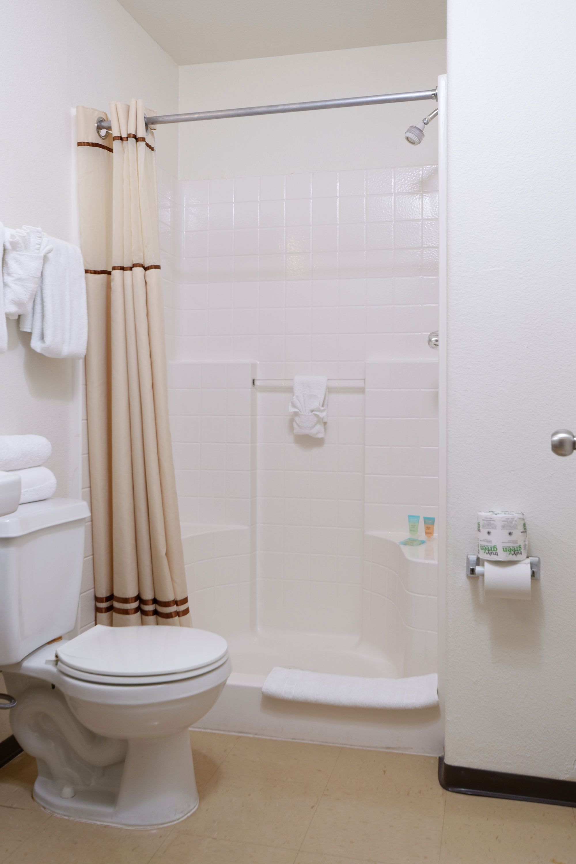 Een badkamer met toilet, douche en handdoekrek.