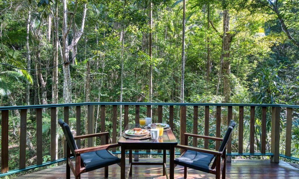 A wooden deck with a table set for breakfast, surrounded by chairs, overlooking a dense forest.