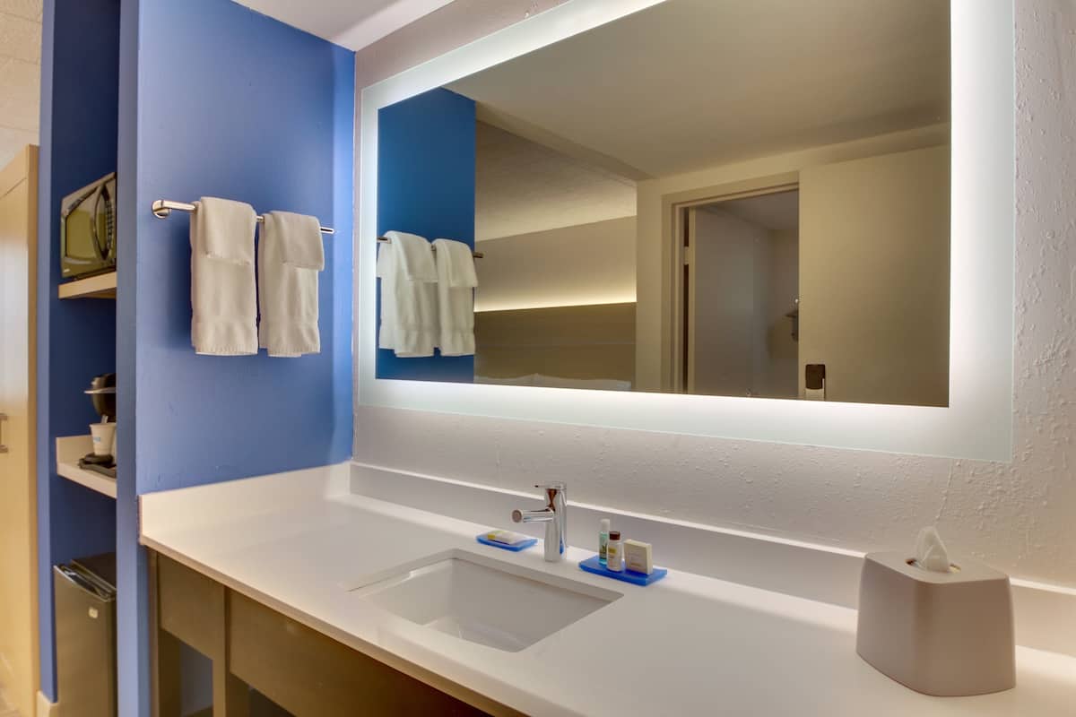 Une salle de bain moderne avec un lavabo blanc, des murs bleus et un grand miroir.