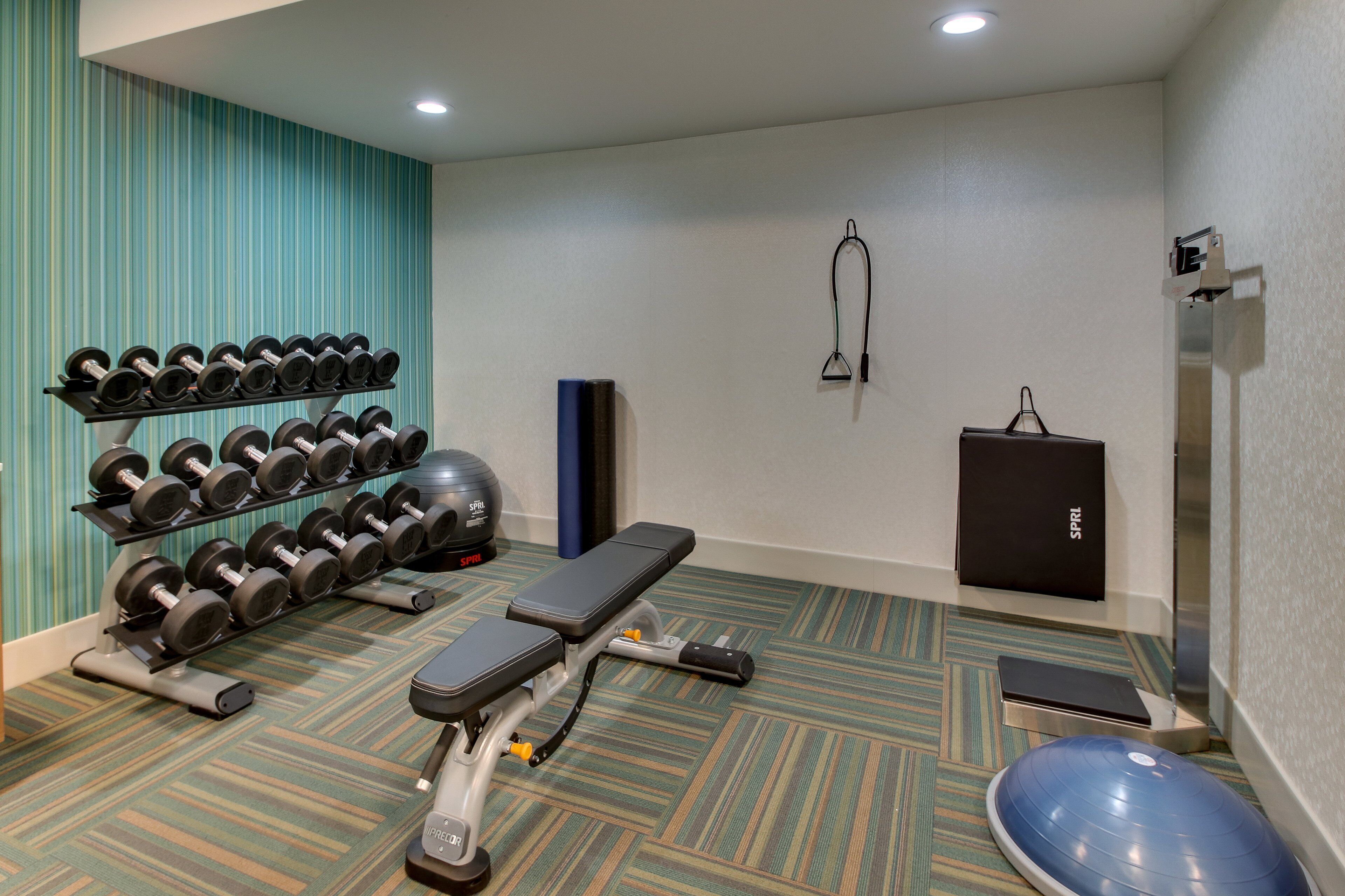 Une salle de sport équipée de matériel d’exercice, d’un banc, d’un miroir fixé au mur et d’un ballon d’exercice bleu.