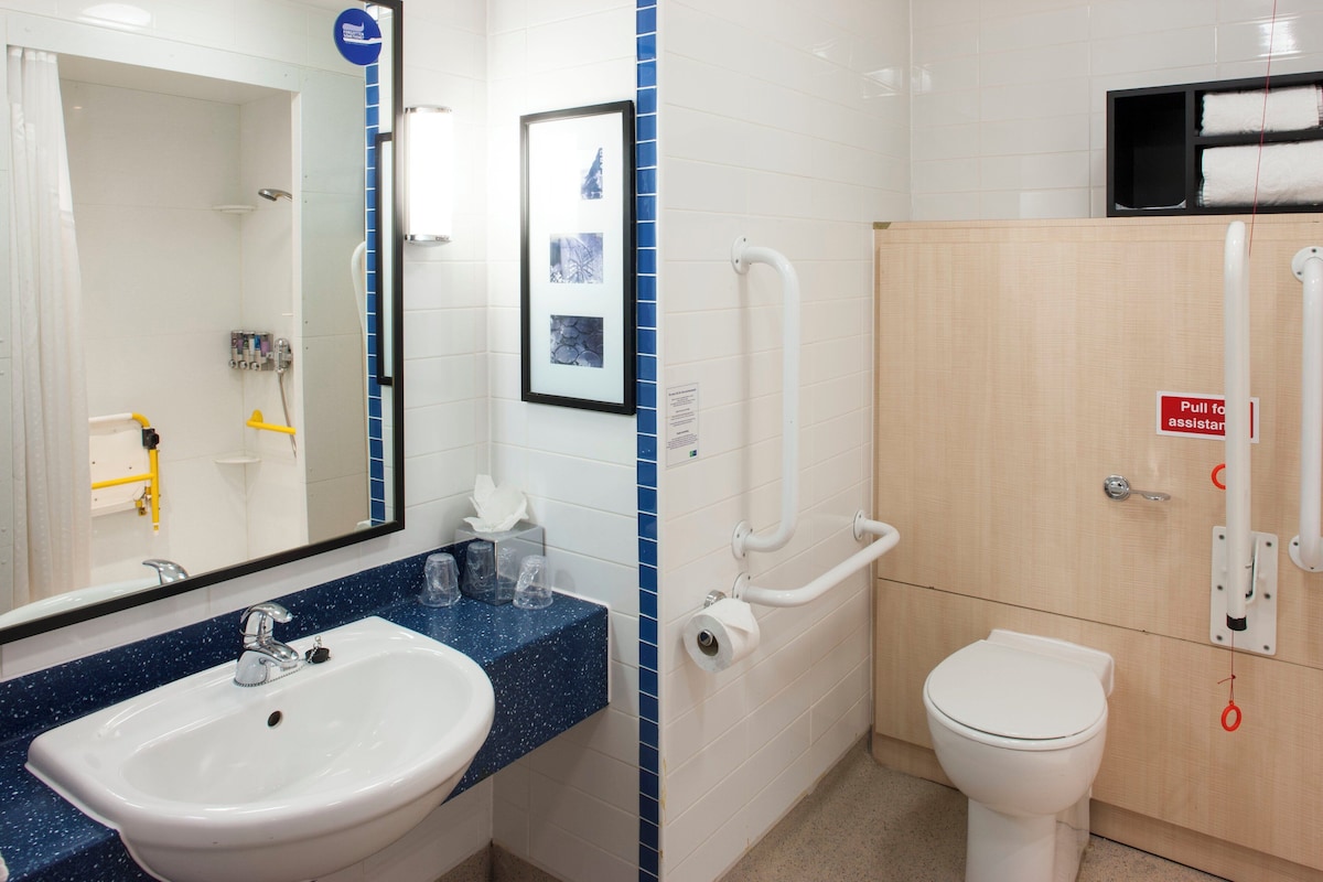 A bathroom with a sink, mirror, toilet, and handrails.
