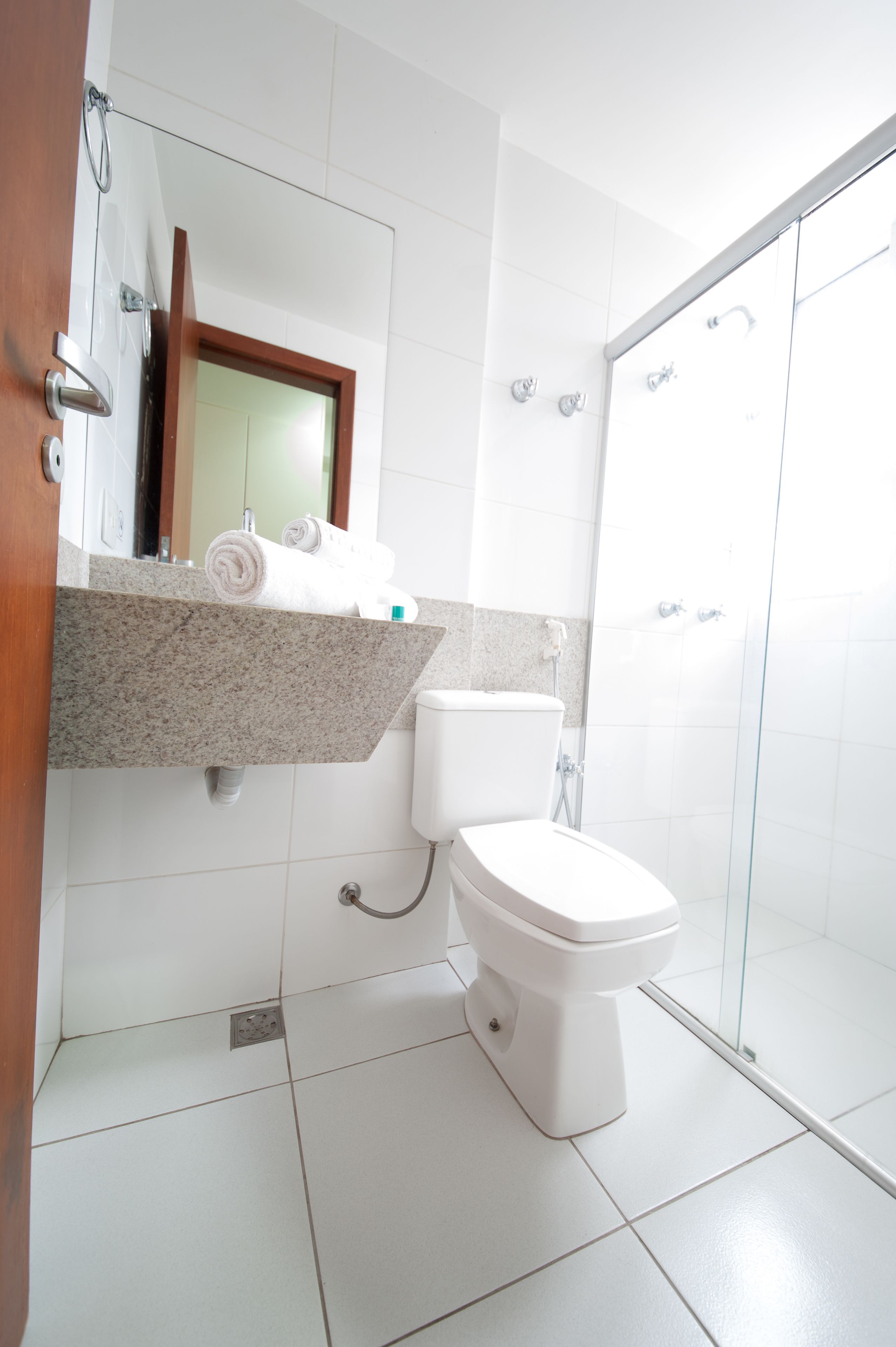 A modern bathroom with a toilet, a shower enclosure, and a vanity with a mirror.