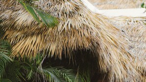 A person standing in front of a building with a thatched roof and a wooden door. - Zel Punta Cana, All Suites - All inclusive (Punta Cana)