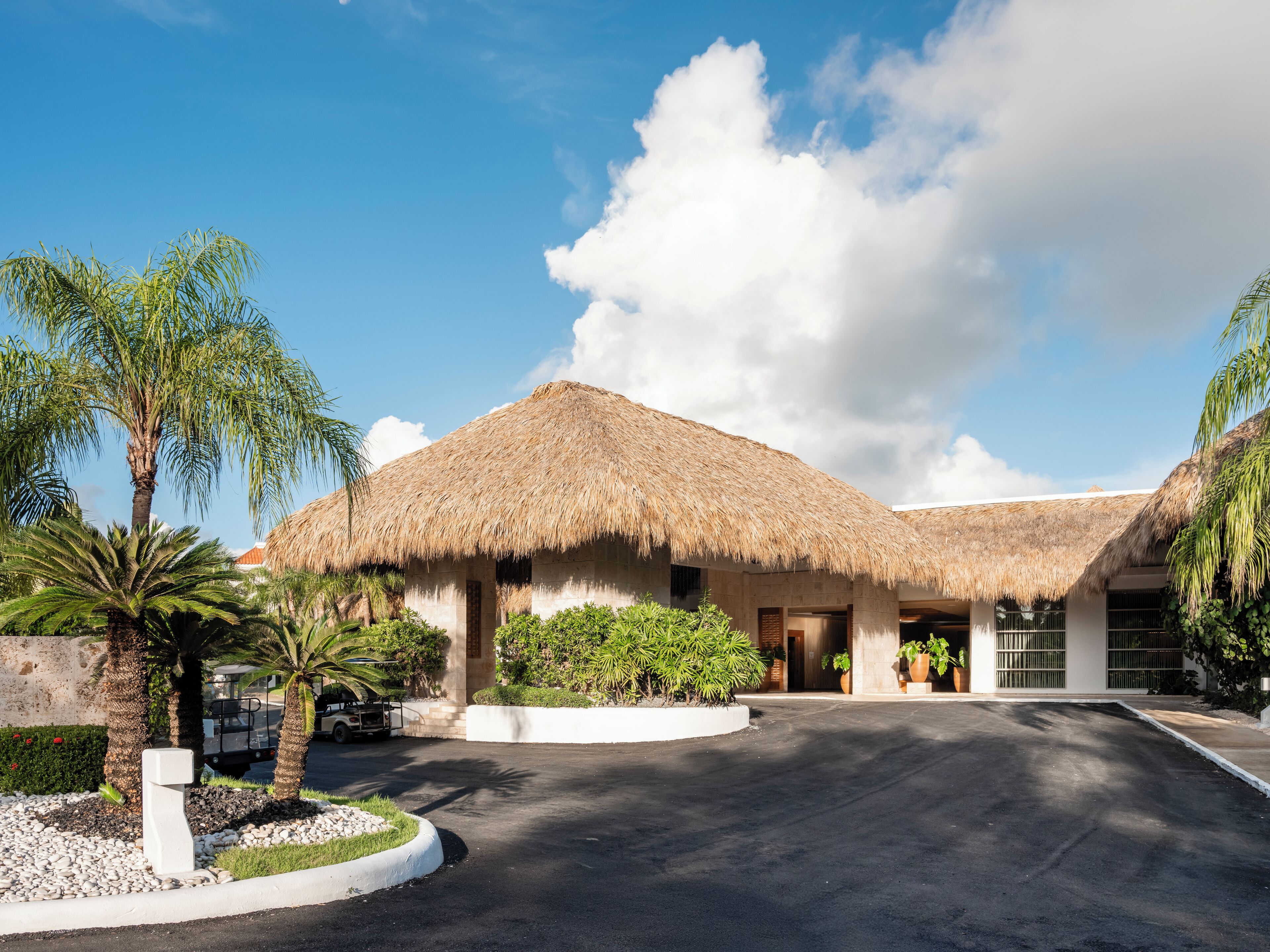 Un resort con edificios de techo de paja, palmeras y un camino pavimentado.