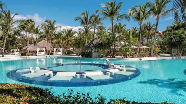 A resort pool surrounded by palm trees and thatched-roof huts. - Zel Punta Cana, All Suites - All inclusive (Punta Cana)
