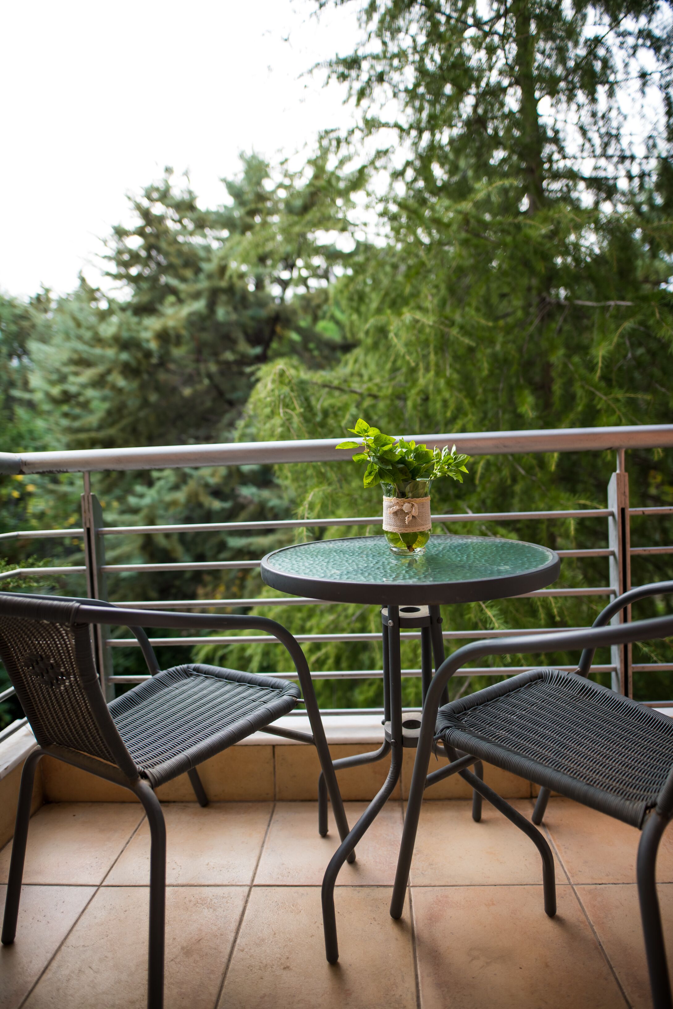 Un balcone con un tavolo rotondo e due sedie, una pianta in vaso e vista sugli alberi.
