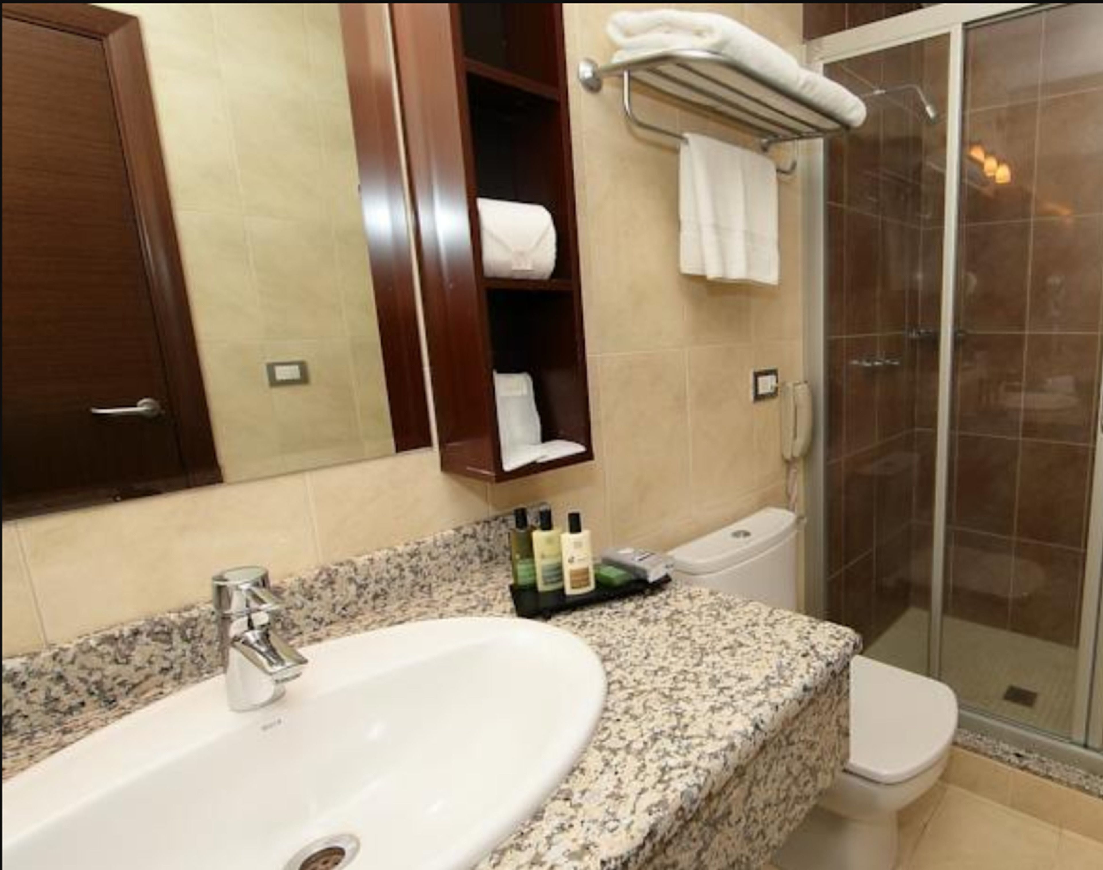 standard twin room | bathroom | shower, free toiletries, hair dryer, towels