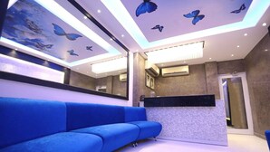 A reception area with a blue sofa, a reception desk, air conditioning units, and a ceiling with butterfly designs. - Shanti Palace (New Delhi)