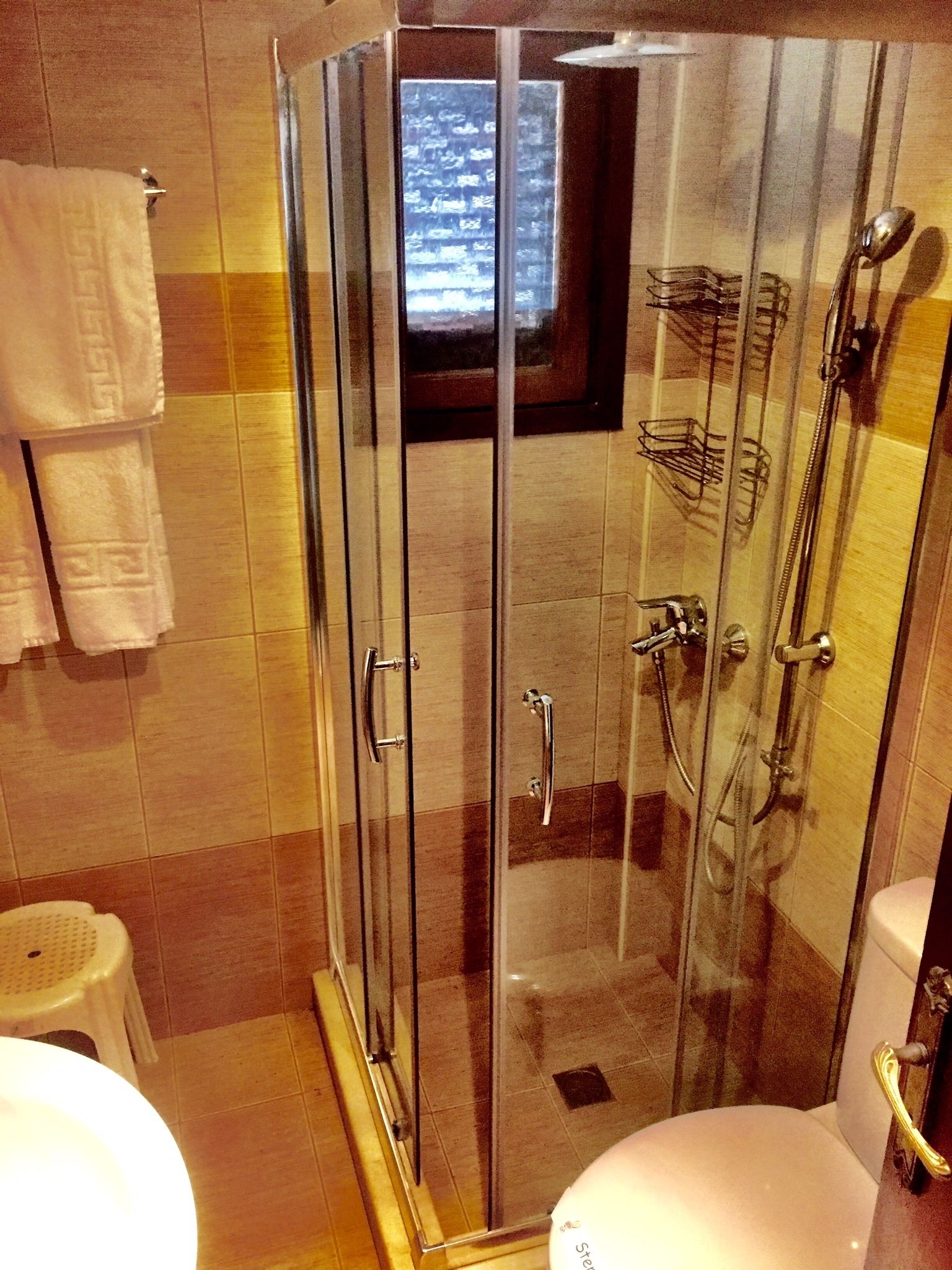 A glass-enclosed shower stall with a view of the cityscape through the window.