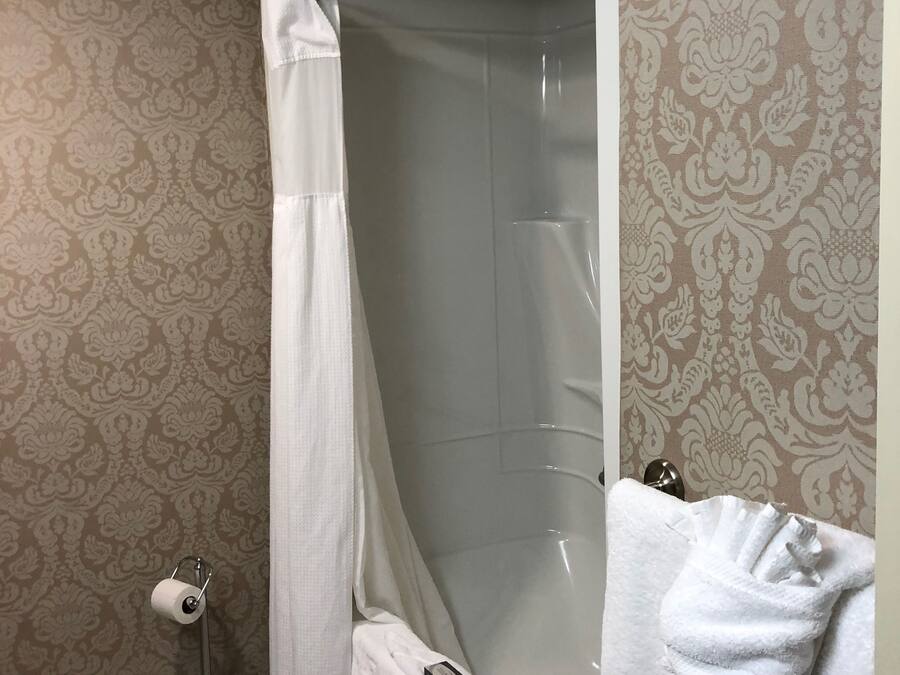 A bathroom with a bathtub, a shower curtain, a towel rack, and a toilet paper holder.