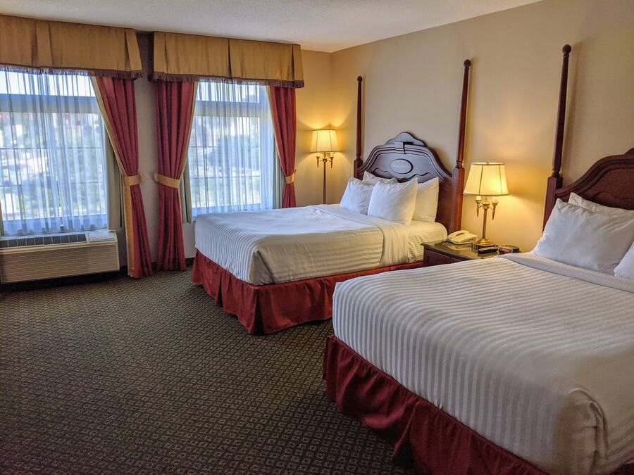 A hotel room with two beds, a large window with curtains, a bedside table with a lamp, and a wall-mounted telephone.