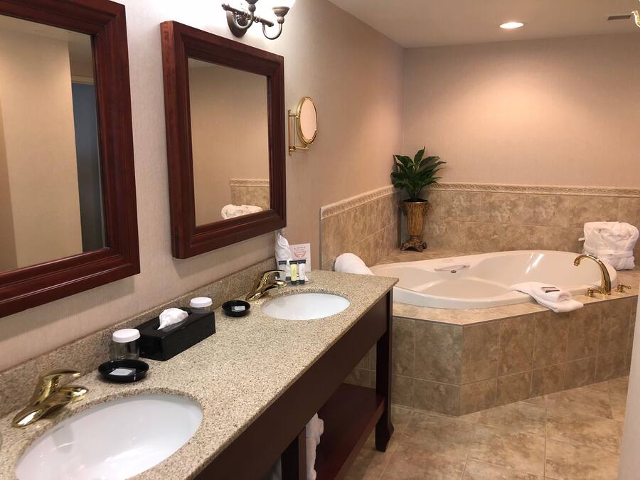 A bathroom with two sinks, a bathtub, a large mirror, and a potted plant.