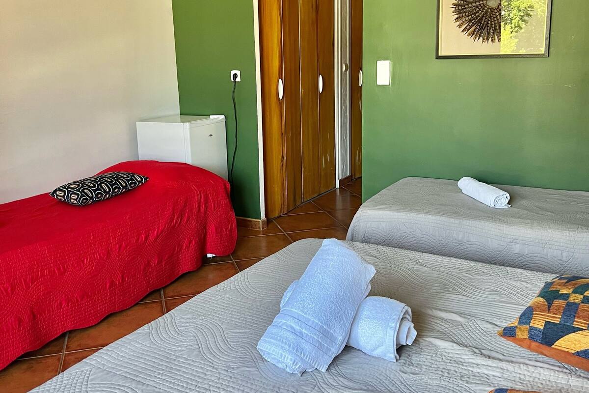 A room with two beds, a green wall, a wooden door, and a framed artwork.