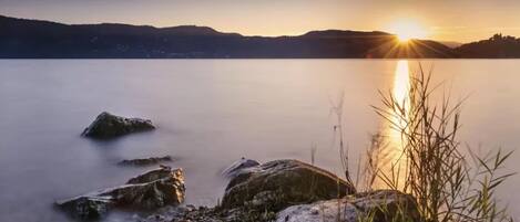 Un lago tranquilo al atardecer con rocas y juncos en primer plano.