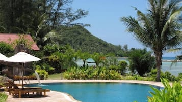 Outdoor pool, pool umbrellas, pool loungers