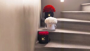 A staircase with a white vase of red roses at the top and a black bag with red roses at the bottom.