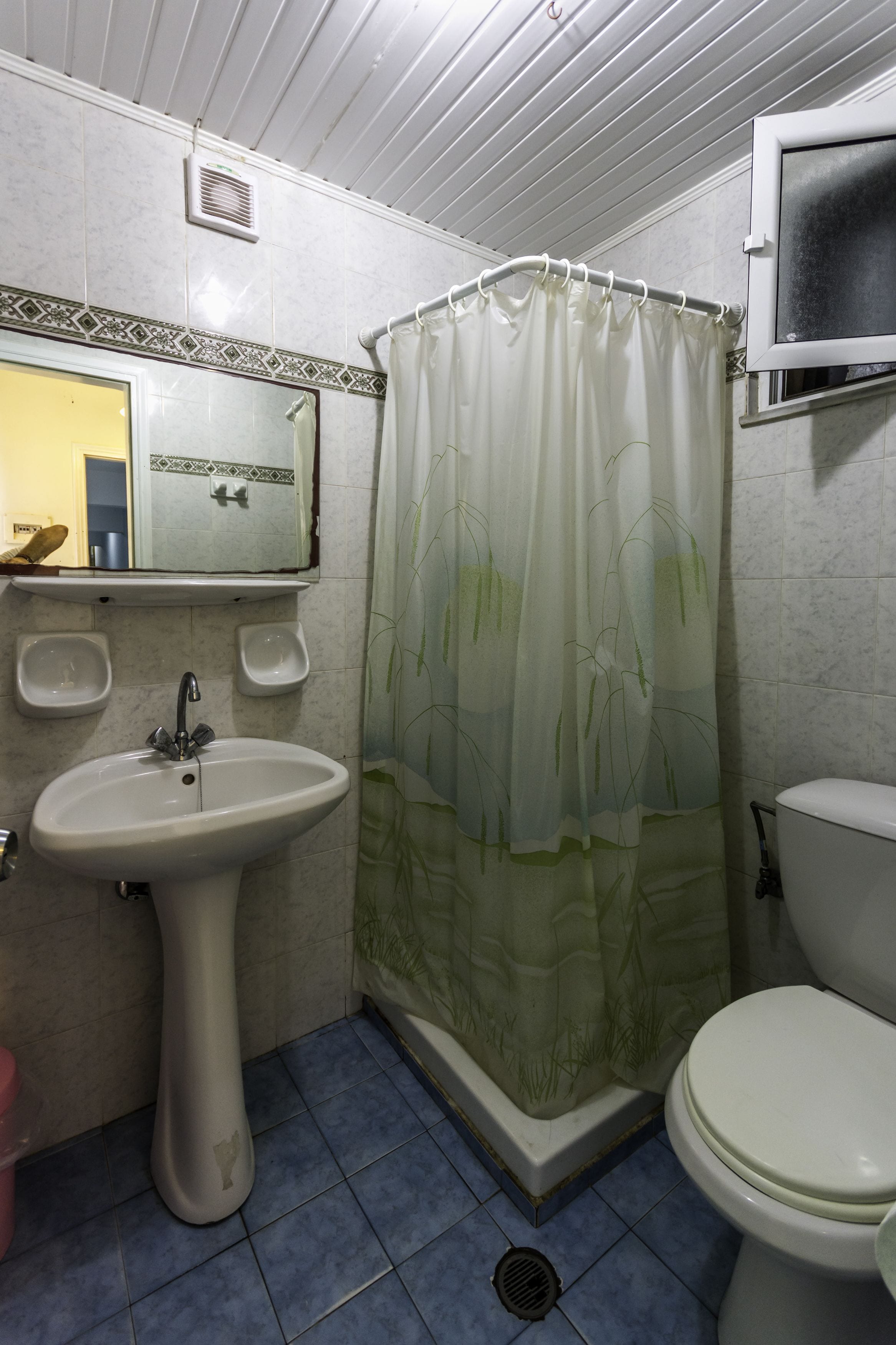 A bathroom with a sink, toilet, and shower curtain.