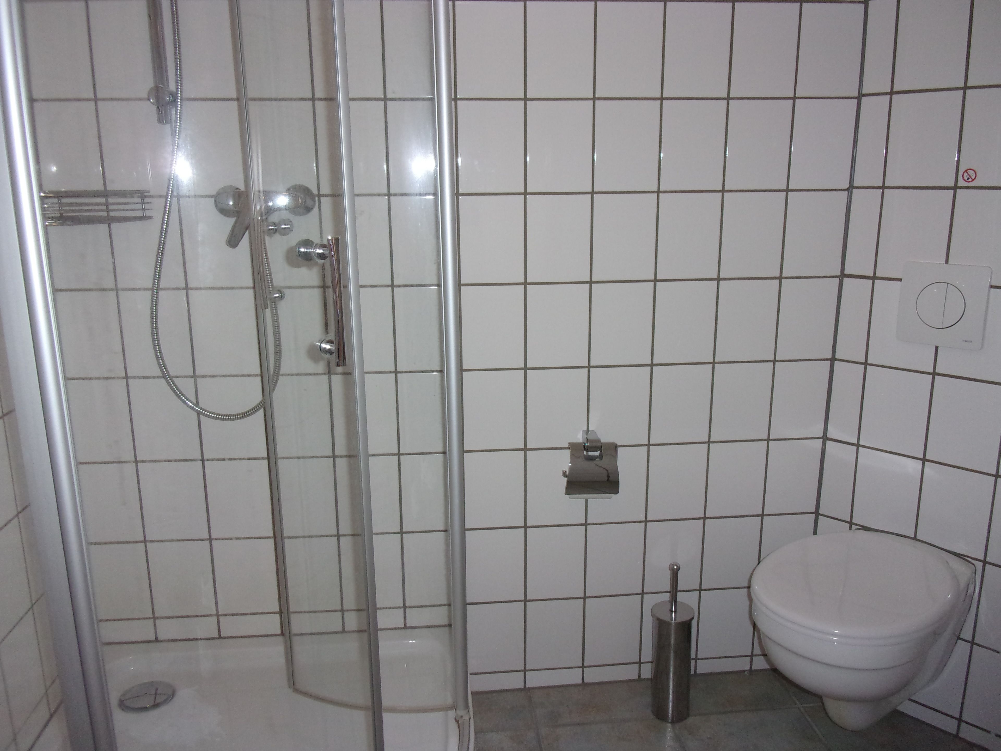 Un bagno con box doccia in vetro, un water e un bidet.