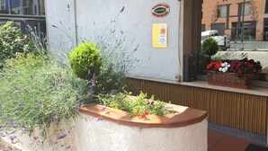 Ein Gebäude mit einem Schild, auf dem "TORRANTE" und die Nummer "210" stehen. Blumenbeete mit verschiedenen Pflanzen und Blumen sind zu sehen.