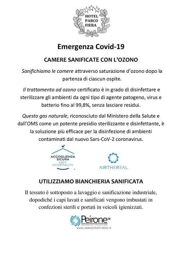 A hotel safety announcement about Covid-19 measures, including the use of ozone sanitization and sterile linens.