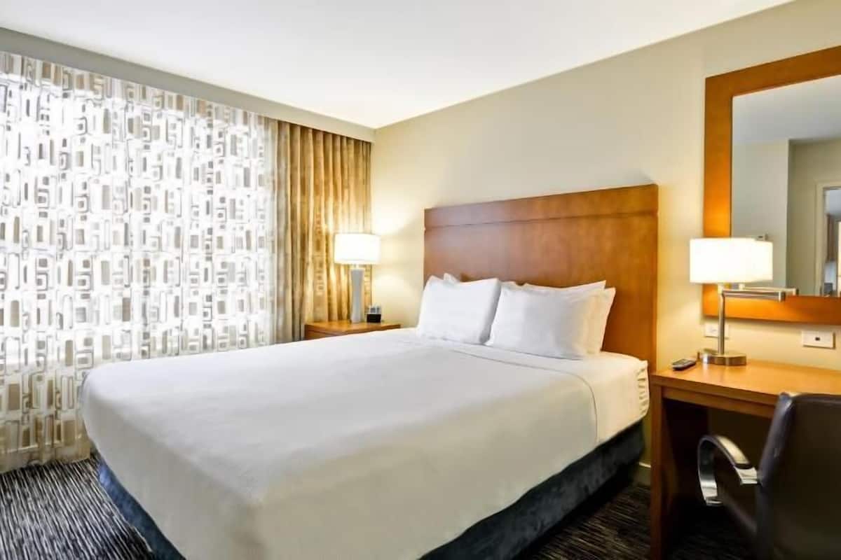 Une chambre d’hôtel avec un grand lit, un bureau avec une chaise, une lampe de bureau, une table de chevet et un miroir.