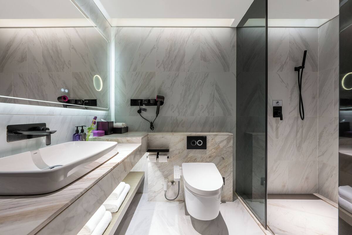 A modern bathroom with a large sink, toilet, and glass-enclosed shower.