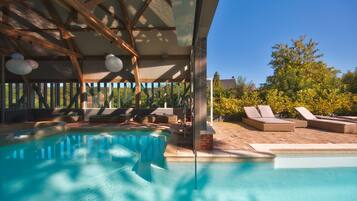 Indoor pool, outdoor pool, pool loungers