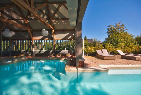 Indoor pool, outdoor pool, pool loungers