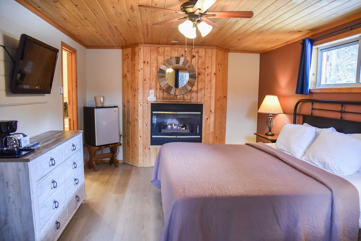 A bedroom with a bed, a ceiling fan, a fireplace, a TV, and a dresser.