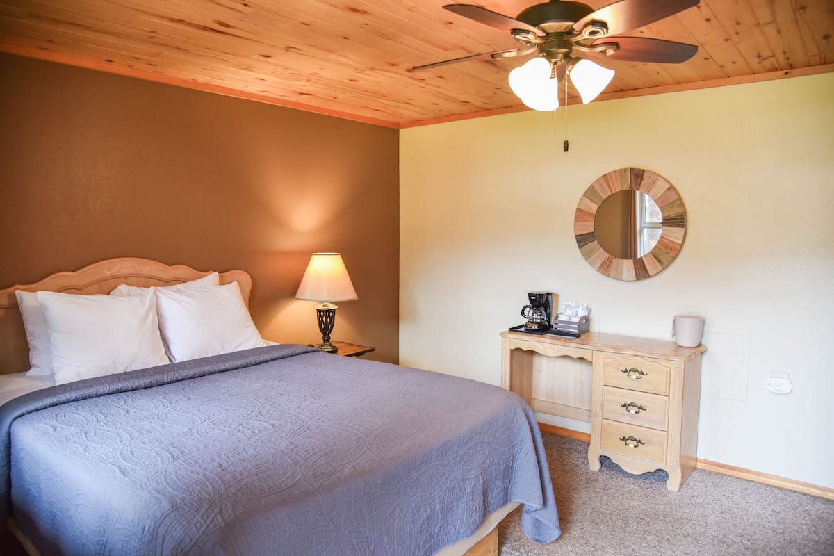 A bedroom with a bed, a nightstand, a lamp, a dresser, a mirror, and a ceiling fan.