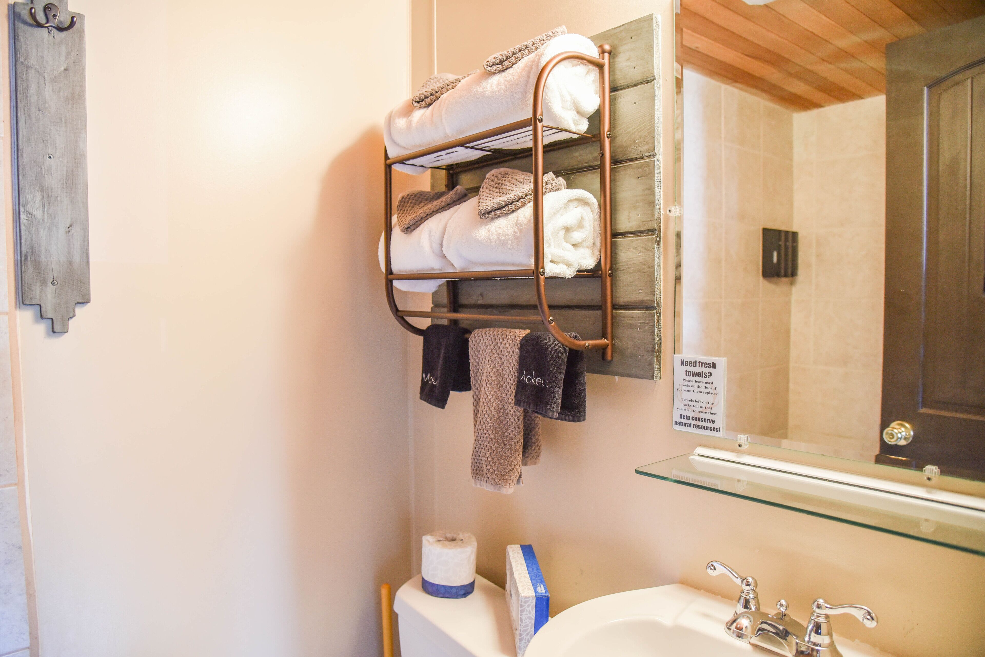 Un baño con un perchero que sostiene toallas dobladas, un rollo de papel higiénico y un estante de vidrio sobre un lavabo.